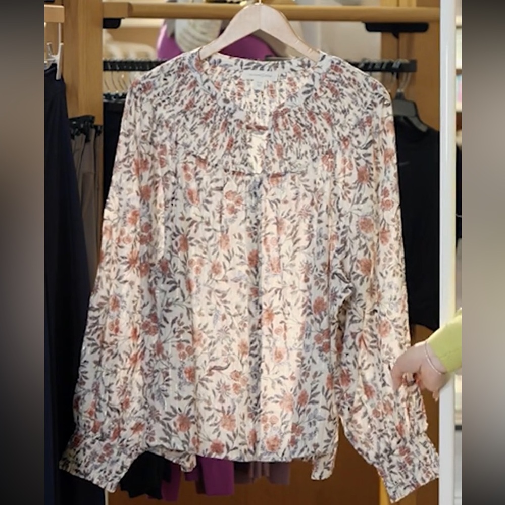 Treasure & Bond Print Smocked Yoke Button-Up Shirt, IVORY- PINK FLEURETTE, 1X/2X - Picture 9 of 9